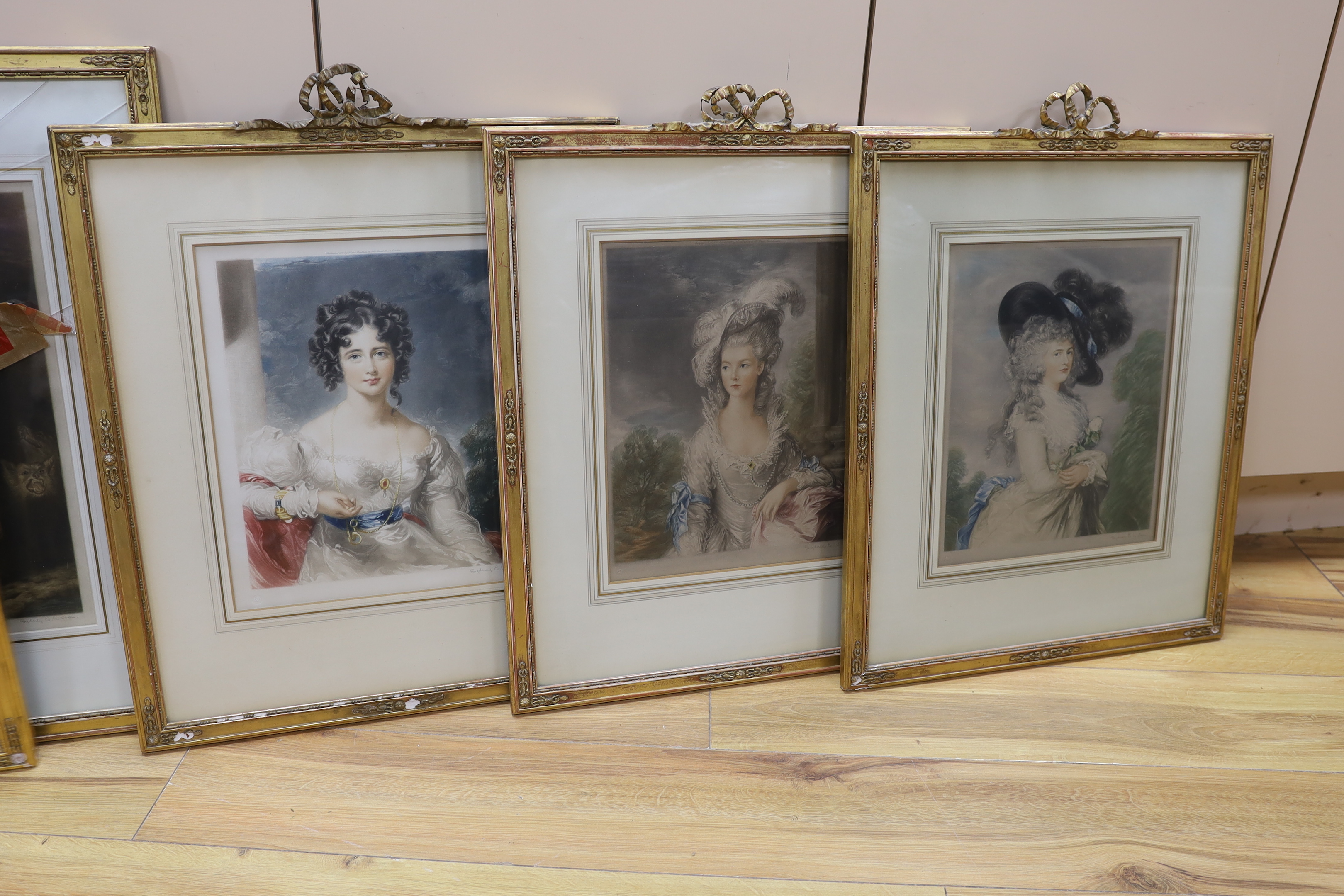 Nine colour mezzotints, mostly by Sydney E. Wilson (British, b.1869) portraits, including examples after Joshua Reynolds, pencil signed, largest 42 x 53cm